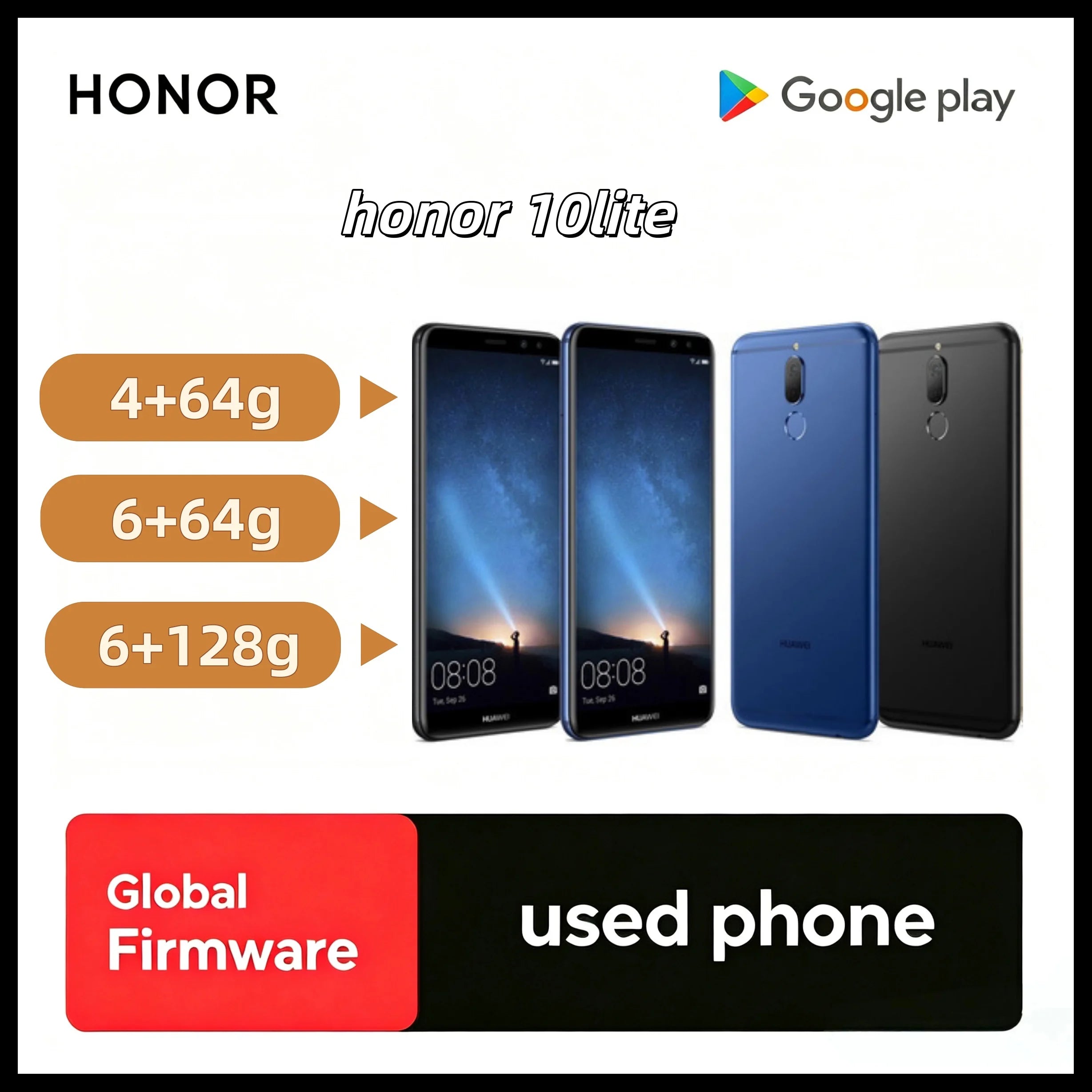 Honor 10 Lite 4G LTE Unlocked Smartphone Global ROM 6.21" Dewdrop Screen Kirin710 24MP Front Camera 13MP  used phone