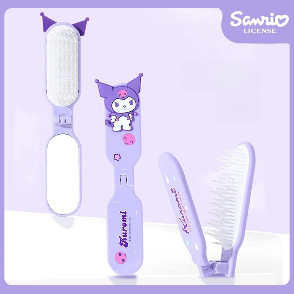 Sanrio Foldable Hair Comb with Mirror Genuine Kawaii Hello Kitty Kuromi My Melody Cinnamoroll Portable Styling Tool for Girls