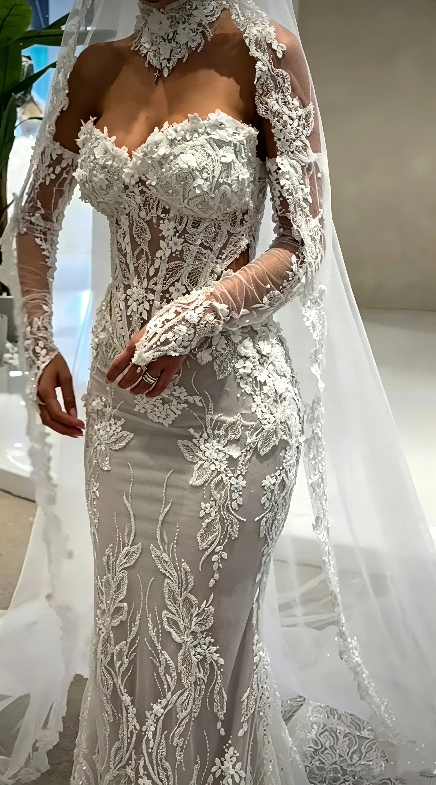 Luxury 3D Floral Lace Mermaid Wedding Dress Sweetheart Long Sheer Sleeve Sparkly Beaded Bridal Gown Vestido De Novia Customized