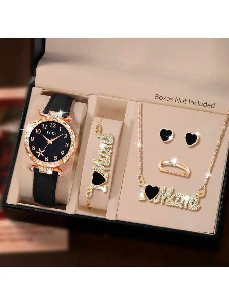 Mother's Day Ladies Watch 6pcs Ladies Fashionable Casual Quartz Watch And Minimalist & Fashionable Five Petals Flower Necklace