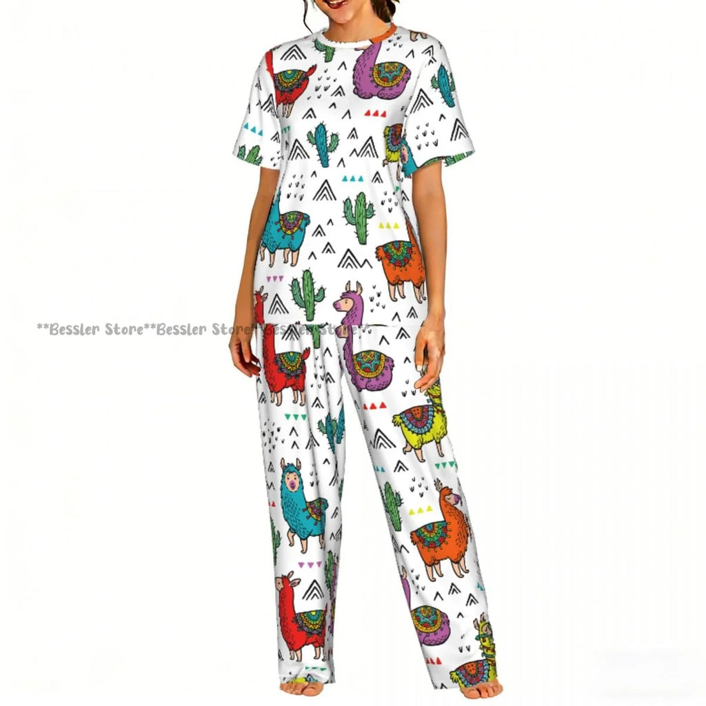 Women Pajama Sets Lounge Sleepwear Fun Llamas Cacti Mountains Garlands Short Sleeve Nightwear