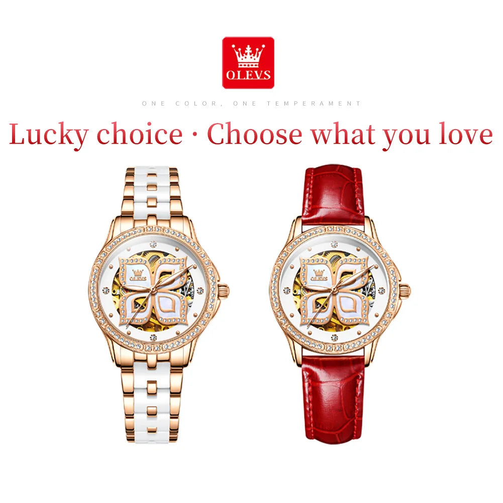 OLEVS 6612 Fashion Women's Watches Lucky Four-Leaf Clover Dial Original Brand Automatic Mechanical Wristwatch Ceramics Strap