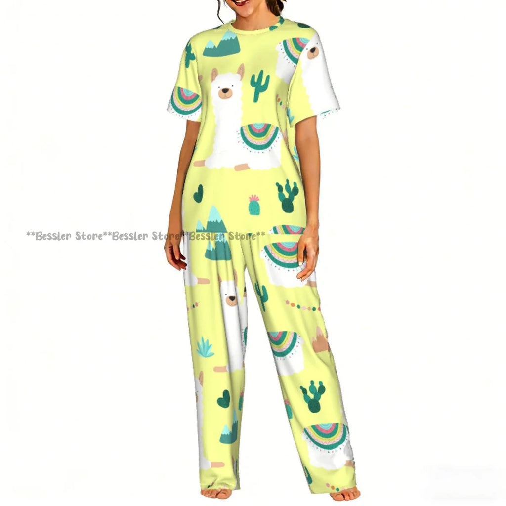 Women Pajama Sets Lounge Sleepwear Fun Llamas Cacti Mountains Garlands Short Sleeve Nightwear