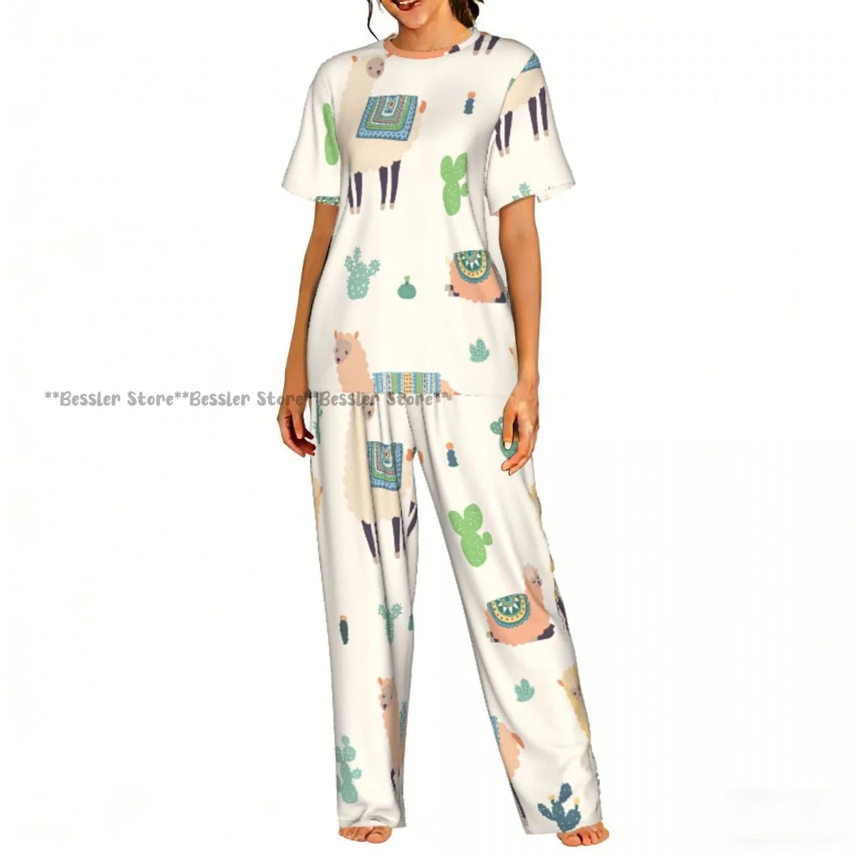 Women Pajama Sets Lounge Sleepwear Fun Llamas Cacti Mountains Garlands Short Sleeve Nightwear