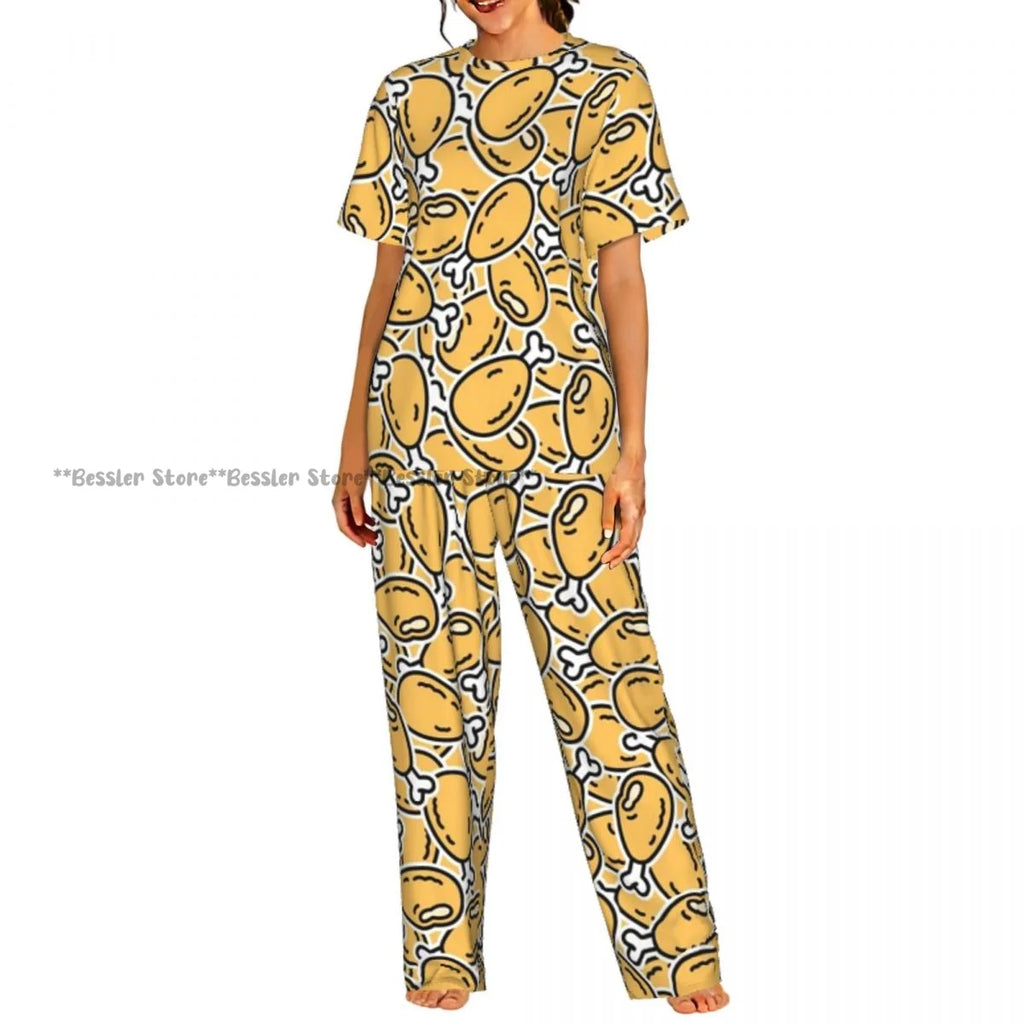 Women Pajama Sets Lounge Sleepwear Crispy Fried Chicken Pattern Short Sleeve Nightwear