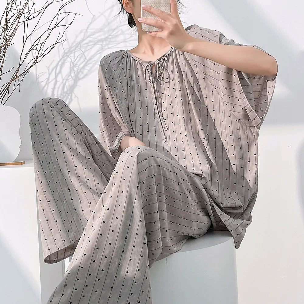 Hot 2026 Spring Summer New Women Cool Comfort Sleepwear Set Fashion Printed Loose Wide Leg Pants Large Home Clothes Two Pieceset