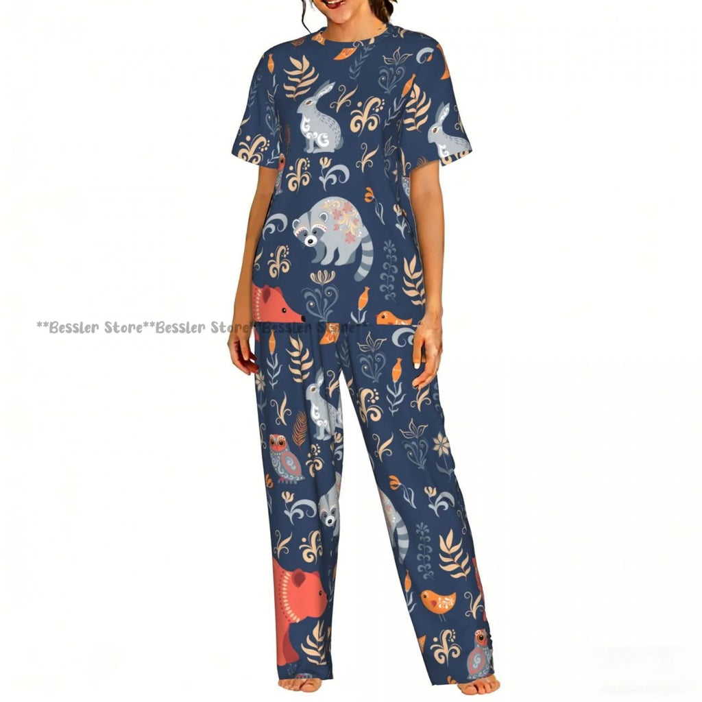 Women's 2-piece set Halloween Owls Bats Pattern Pajamas Short sleeved Top and Pants Sleepwear
