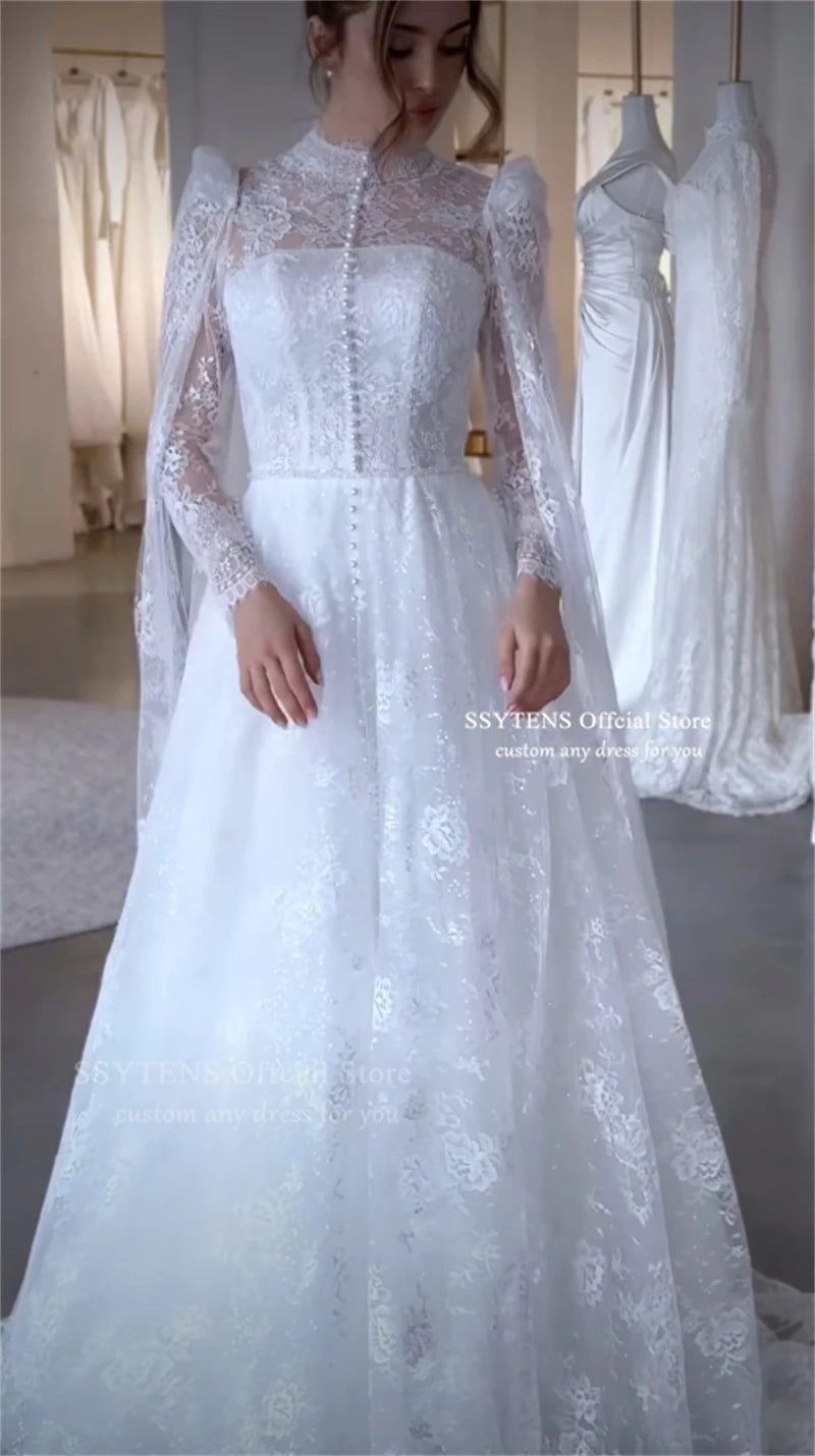 SSYTENS Lace Applique Wedding Dresses High Neck Dubai Girdling Hazy Feeling Bridal Gown Floor-Length Bride Gowns 2027 Customized