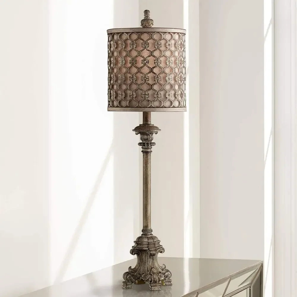 Traditional French Country Style Tall Skinny Table Lamp with Beige Cylinder Shade for Living Room, Home Entryway, and Dining Are