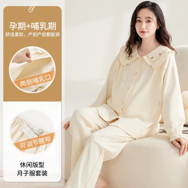 Maternity Women Pajamas Set Pregnant Pure Cotton Breastfeeding Loungewear Sweet Long Sleeve Trousers Cardigan 2 Piece Set Pjs