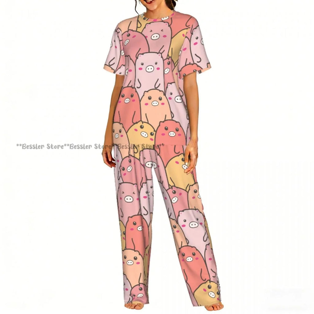 Women Pajama Sets Lounge Sleepwear Cartoon Pig Pink Background Short Sleeve Nightwear