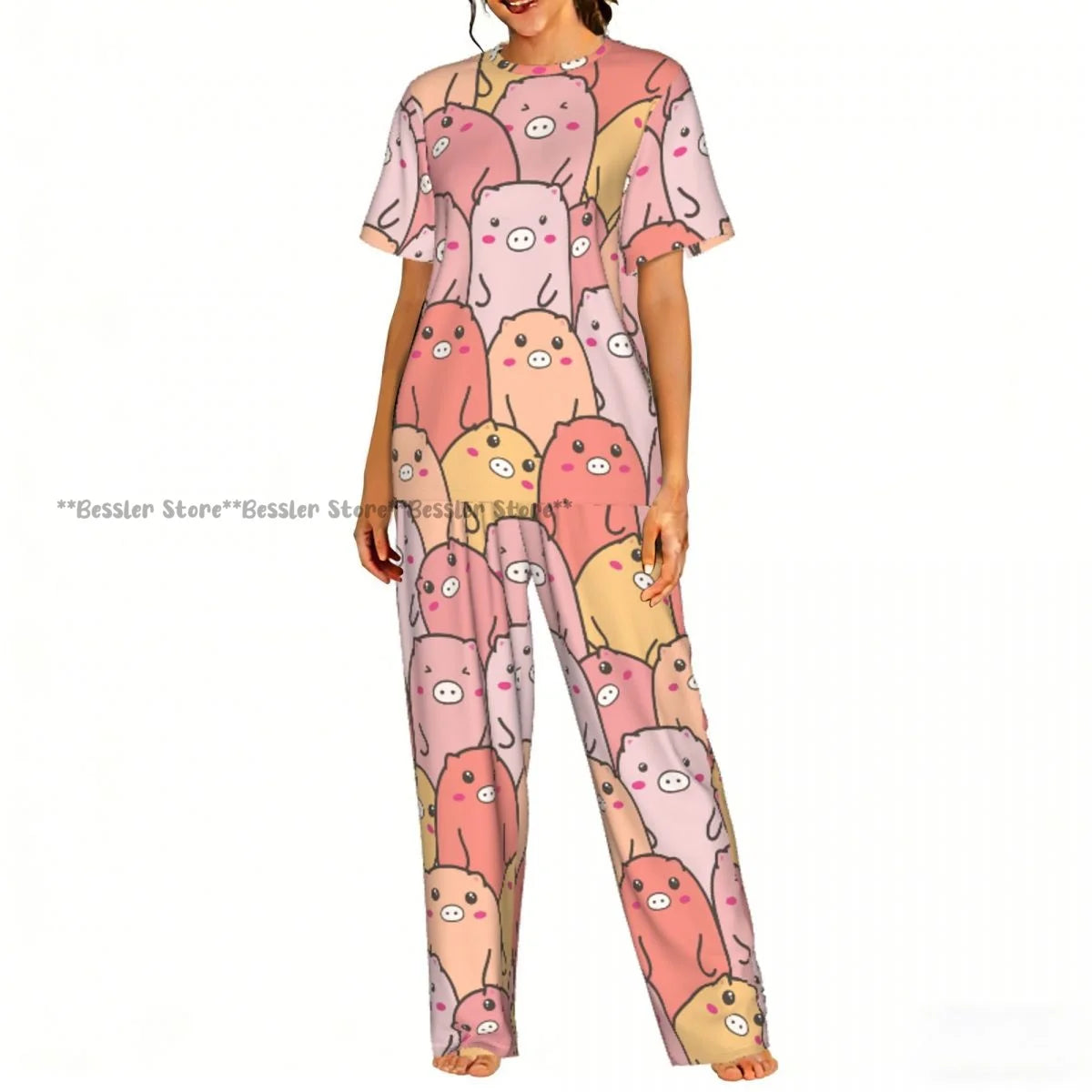 Women Pajama Sets Lounge Sleepwear Cartoon Pig Pink Background Short Sleeve Nightwear