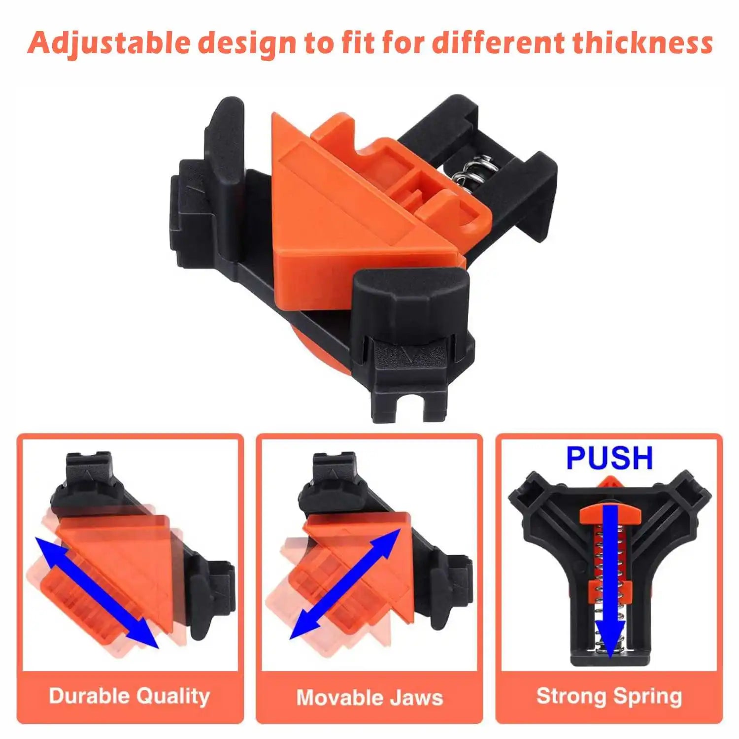 60-120Degree Adjustable Corner Clamp-Spring Loaded Right Angle Clip with Single Handle, Heavy Duty Woodworking Tool