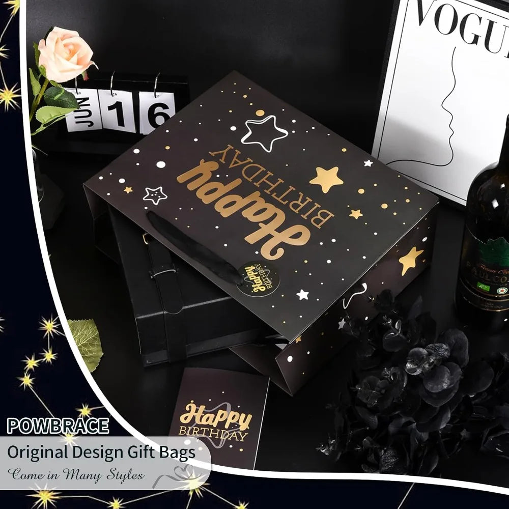 Medium Black Starry Sky Birthday Gift Bag Set with Crinkle Tissue Paper Greeting Card and Ribbon for Party Celebration Unisex