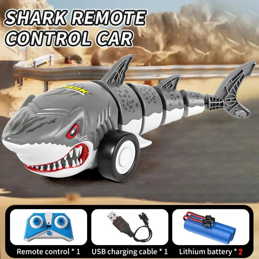2.4G RC Shark Car Toy Rechargeable Electric Shark Remote Control Vehicle with LED Lights 4 Way Driving Birthday Gift