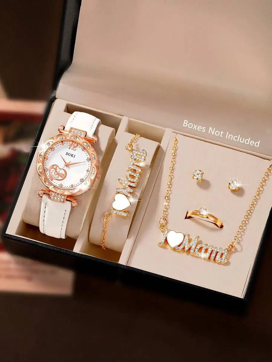 Mother's Day Ladies Watch 6pcs Ladies Fashionable Casual Quartz Watch And Minimalist & Fashionable Five Petals Flower Necklace