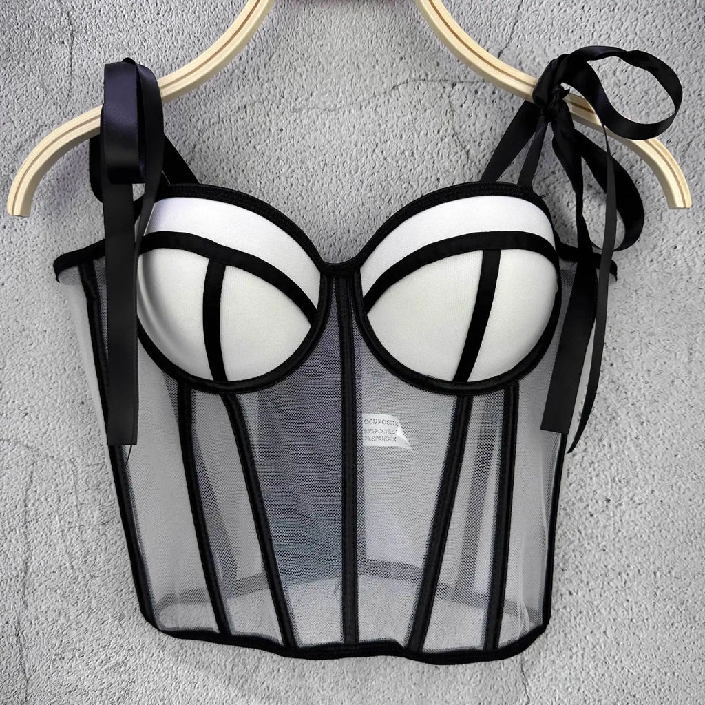 Mesh Transparent Contrasting Lines Women Bustie Sexy Bow Ribbon Ladies Corset Multi Colors Party Blackless Cropped Top Tank Top
