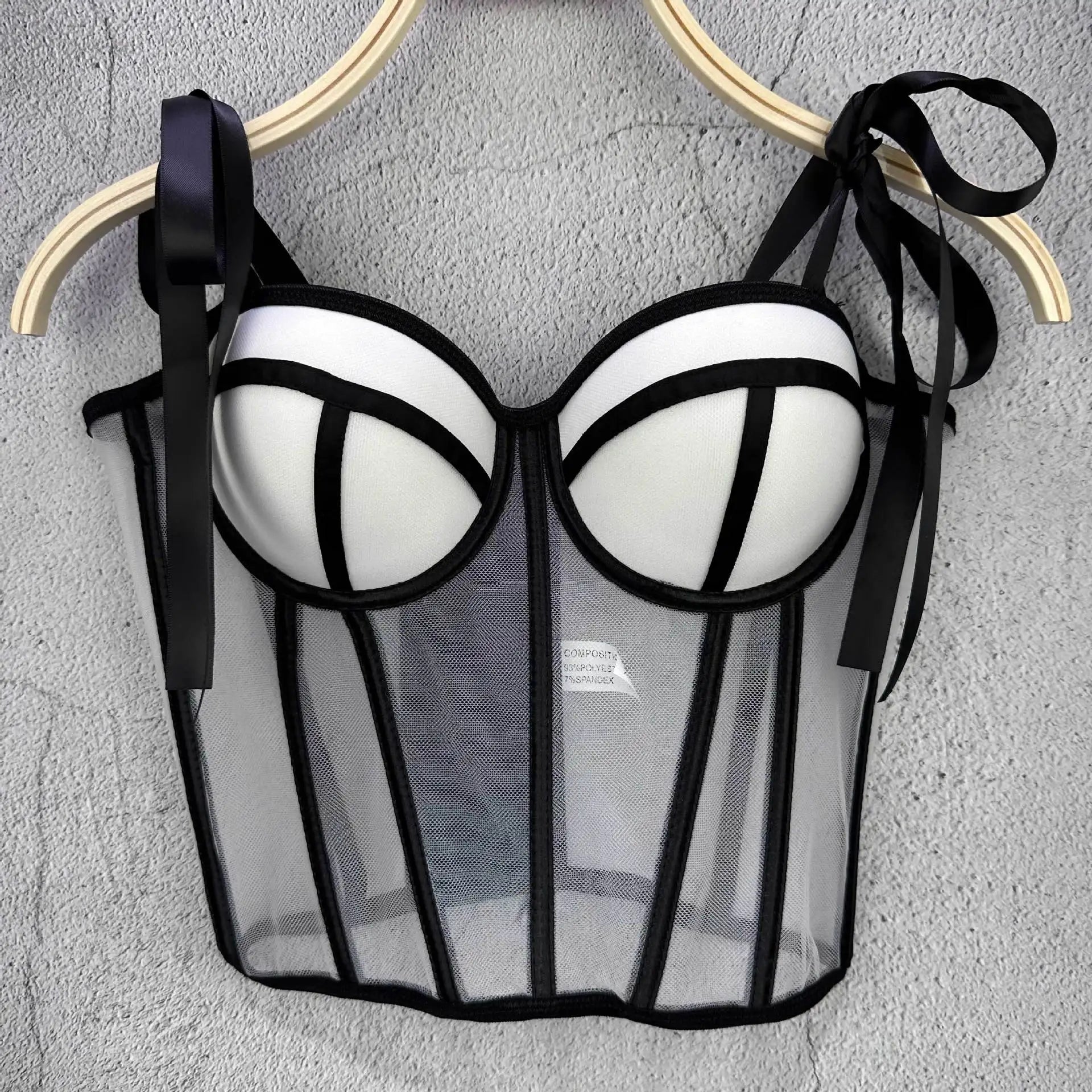 Mesh Transparent Contrasting Lines Women Bustie Sexy Bow Ribbon Ladies Corset Multi Colors Party Blackless Cropped Top Tank Top