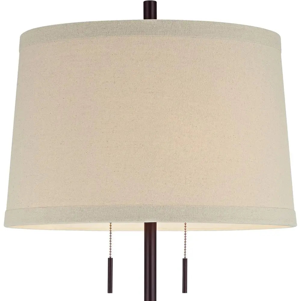 Euro Design 3-Way Skinny Table Lamp 33 Tall with Dimmer, USB Port, Matte Bronze Metal, White Burlap Drum Shade for Bedroom, Livi