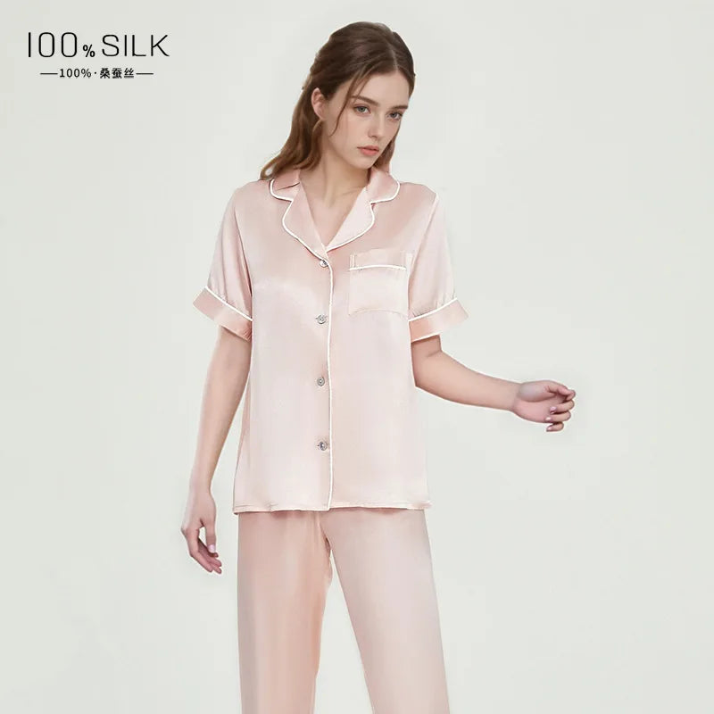 Spring Summer 19 Momme 100% Mulberry Silk Pajama Set Women Short Sleeve Long Pants Luxury Skin-friendly Antibacterial Loungewear