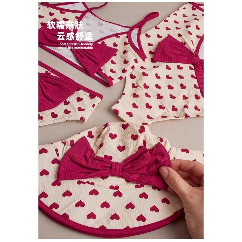 Girls Sun Hat Simple Color Contrast Heart Print Fashionable Fisherman Hat Cute Set Kids Beach Swimwear Bikinis Baby Swimsuits