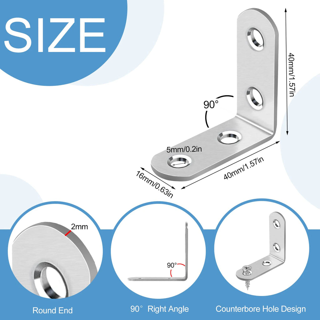 20PCS L Brackets Stainless Steel Corner Braces with Screws, 90° Right Angle Shelf Supports for Wood Furniture accessories, Table