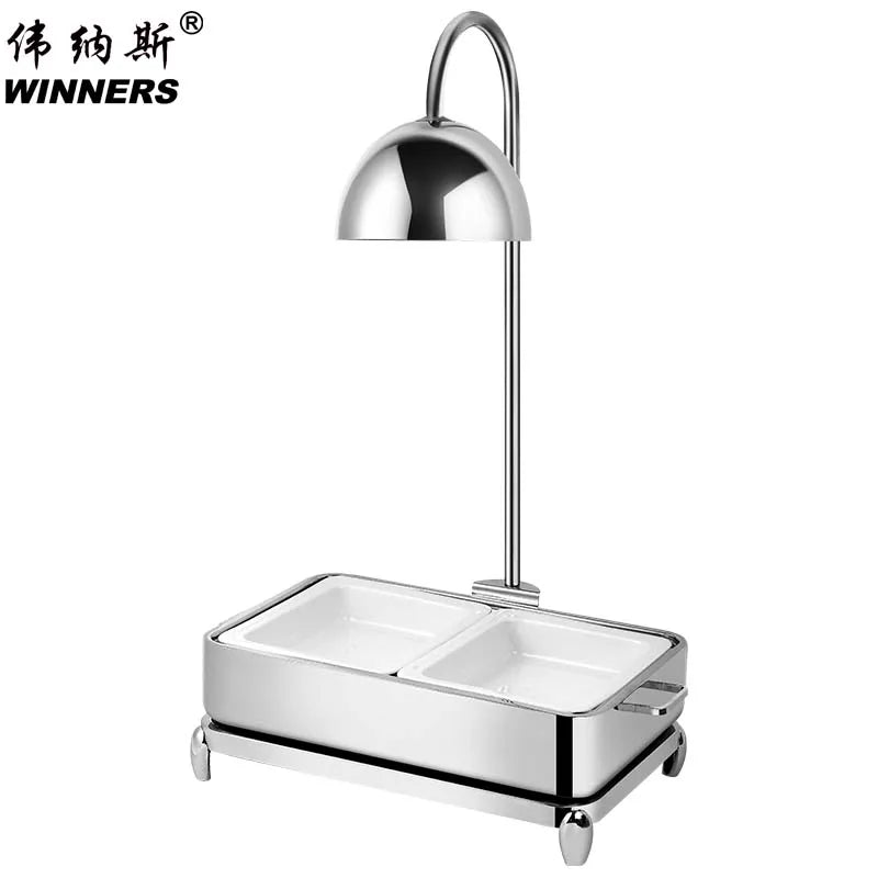 Luxury Silver 304 Stainless Steel Buffet Food Heat Preserving Lamp Food Warmer Set with Ceramic Food Basin for Wedding