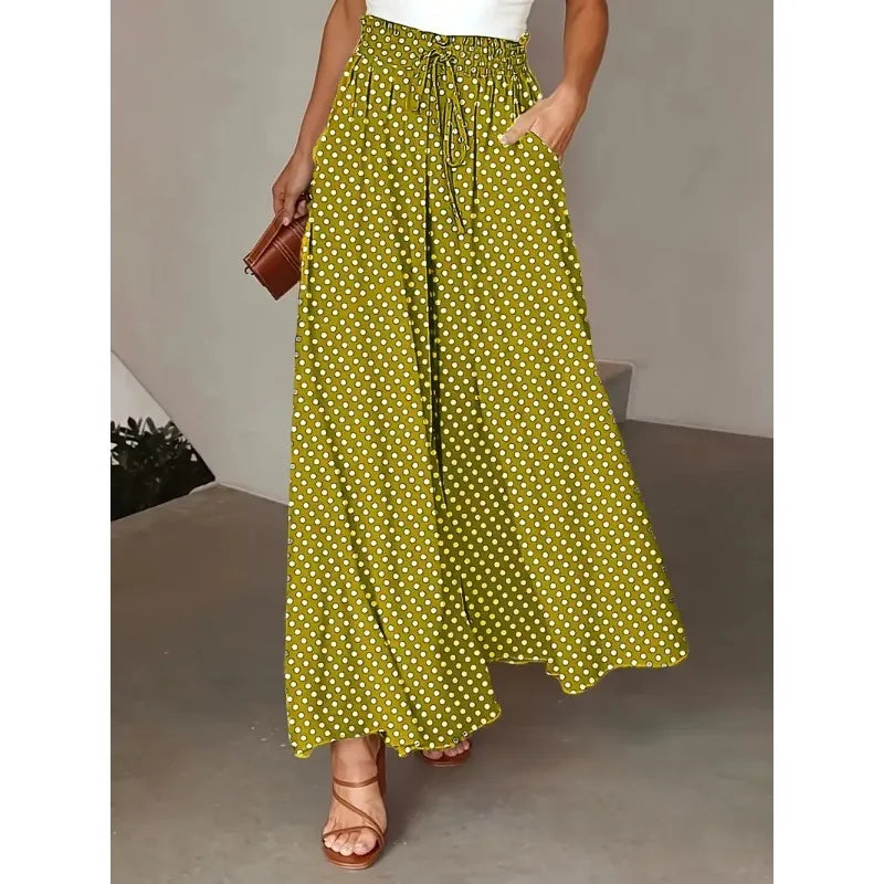 1pcs Bohemian Style Wide Leg Pants Elastic Waist Polka Dot Print Long Skirt Pants for Women
