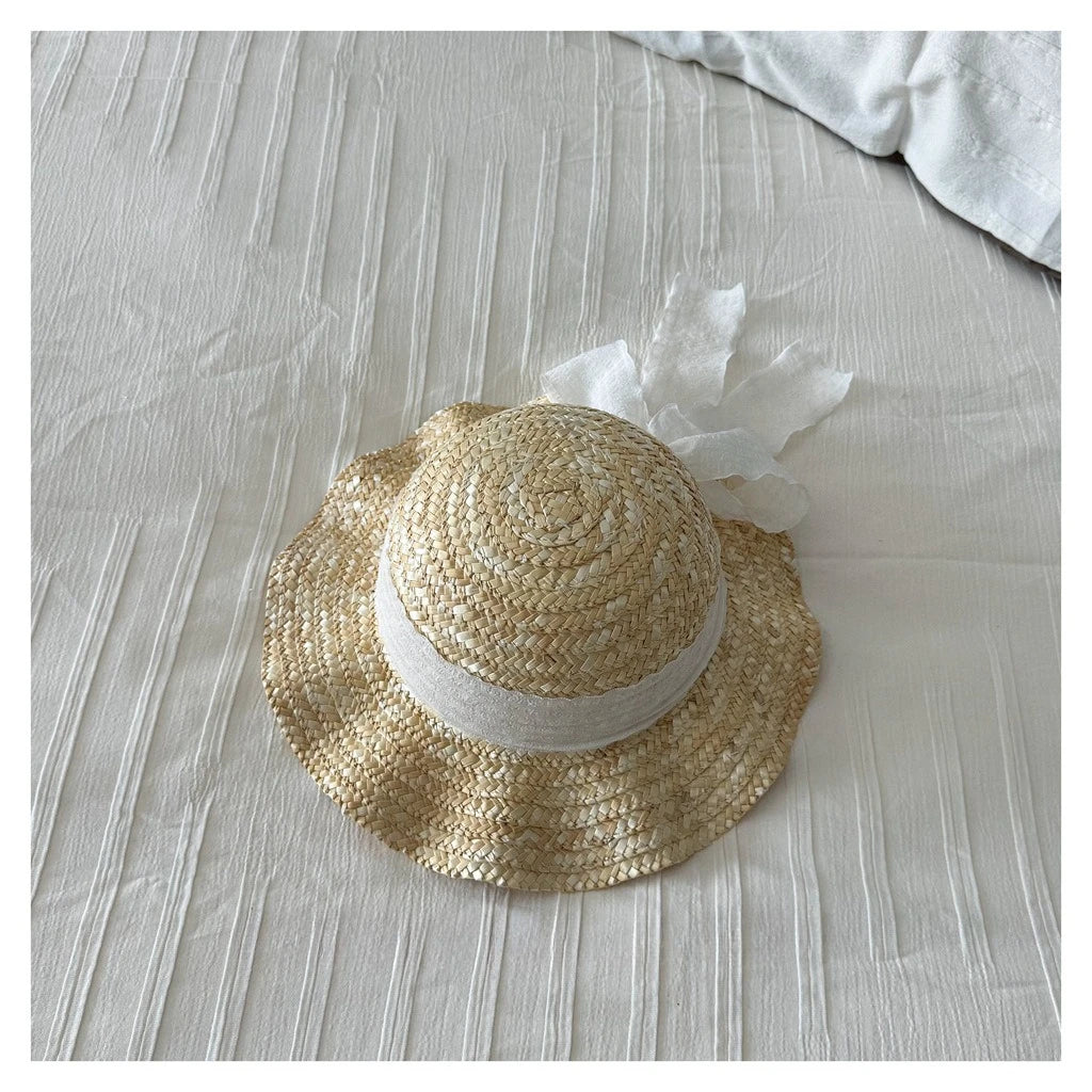 Kids Natural Straw Sun Hat with Chiffon Bow Ribbon Breathable Ruffled Brim Hat for Girls Summer Beach Activities Head Wear BT14