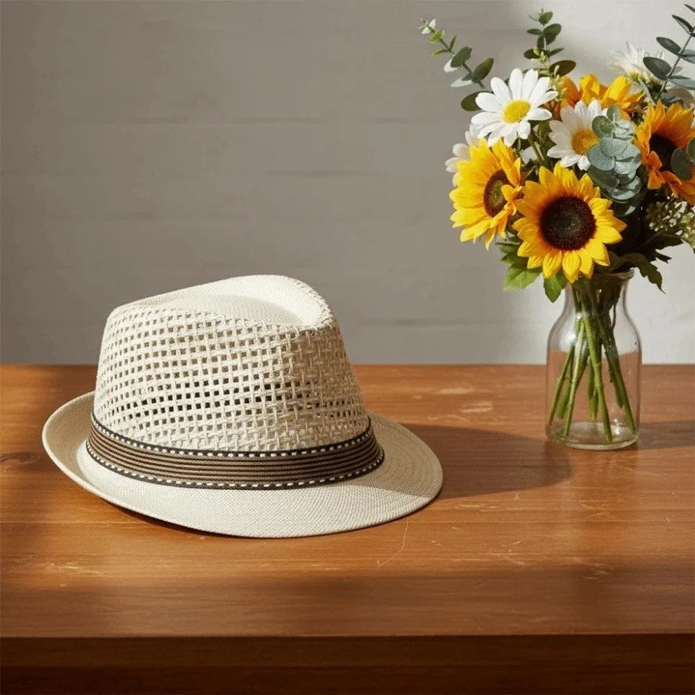 Elegant Short Brim Men Panama Hat Lightweight Breathable Woven Straw Hat Sombrero Hollow Out Vacation Beach Cap Performances