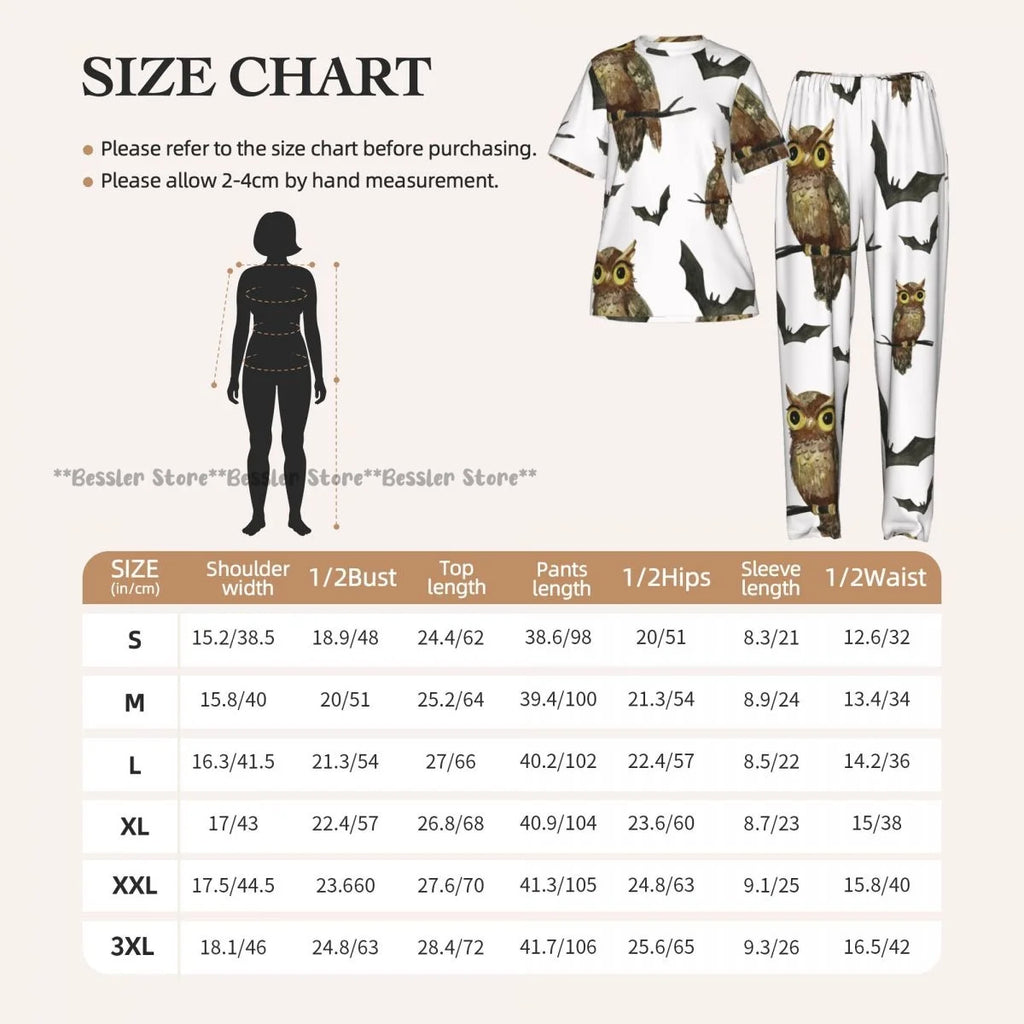 Women's 2-piece set Halloween Owls Bats Pattern Pajamas Short sleeved Top and Pants Sleepwear