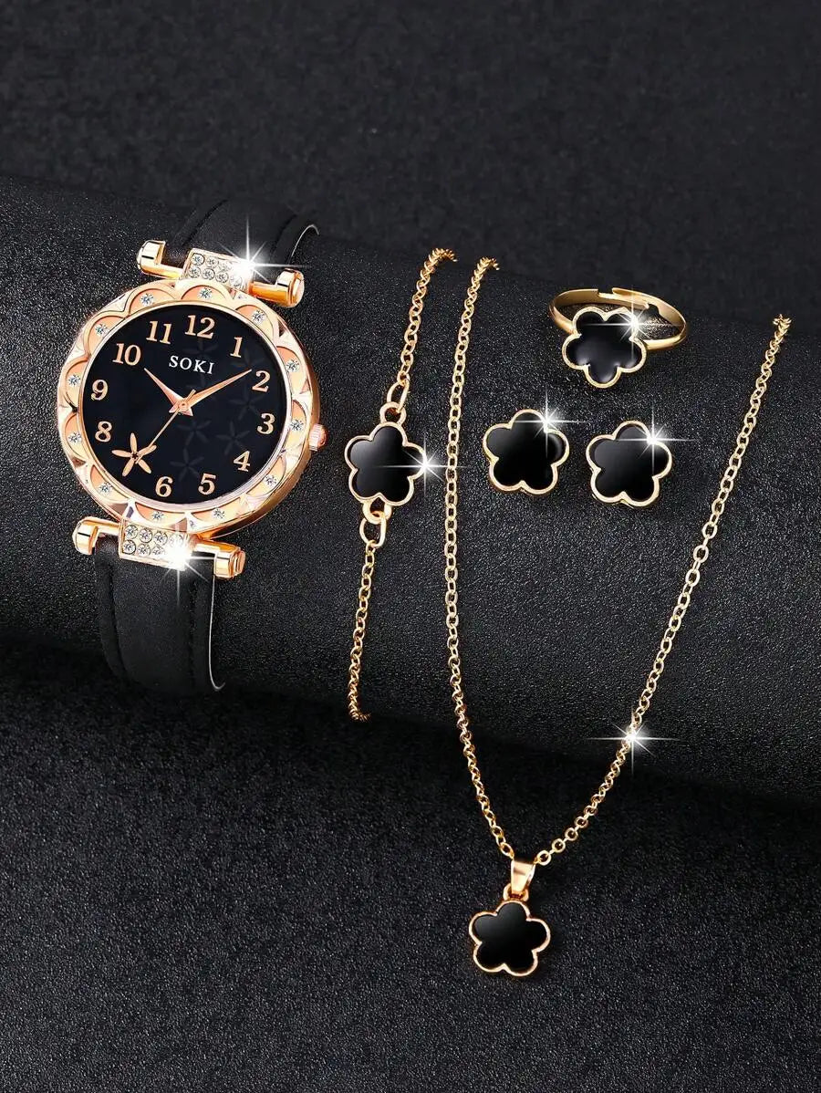 Mother's Day Ladies Watch 6pcs Ladies Fashionable Casual Quartz Watch And Minimalist & Fashionable Five Petals Flower Necklace