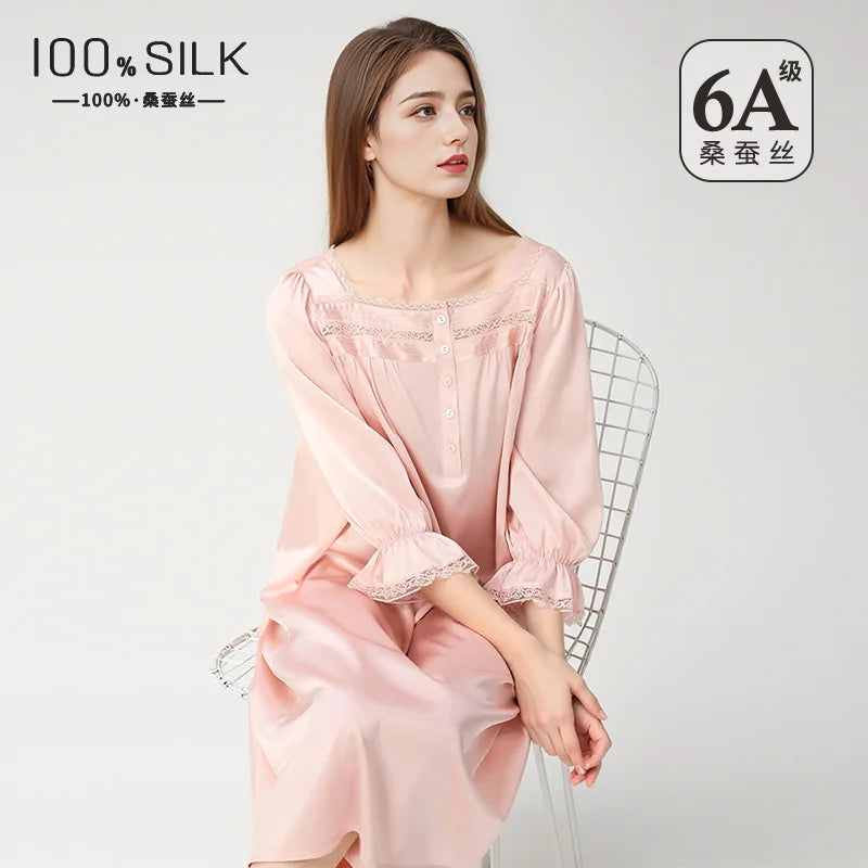 Summer New Women 100% Mulberry Silk Nightgown French Square Neck Puff Sleeve Loose Princess Dress Luxury Home Loungewear