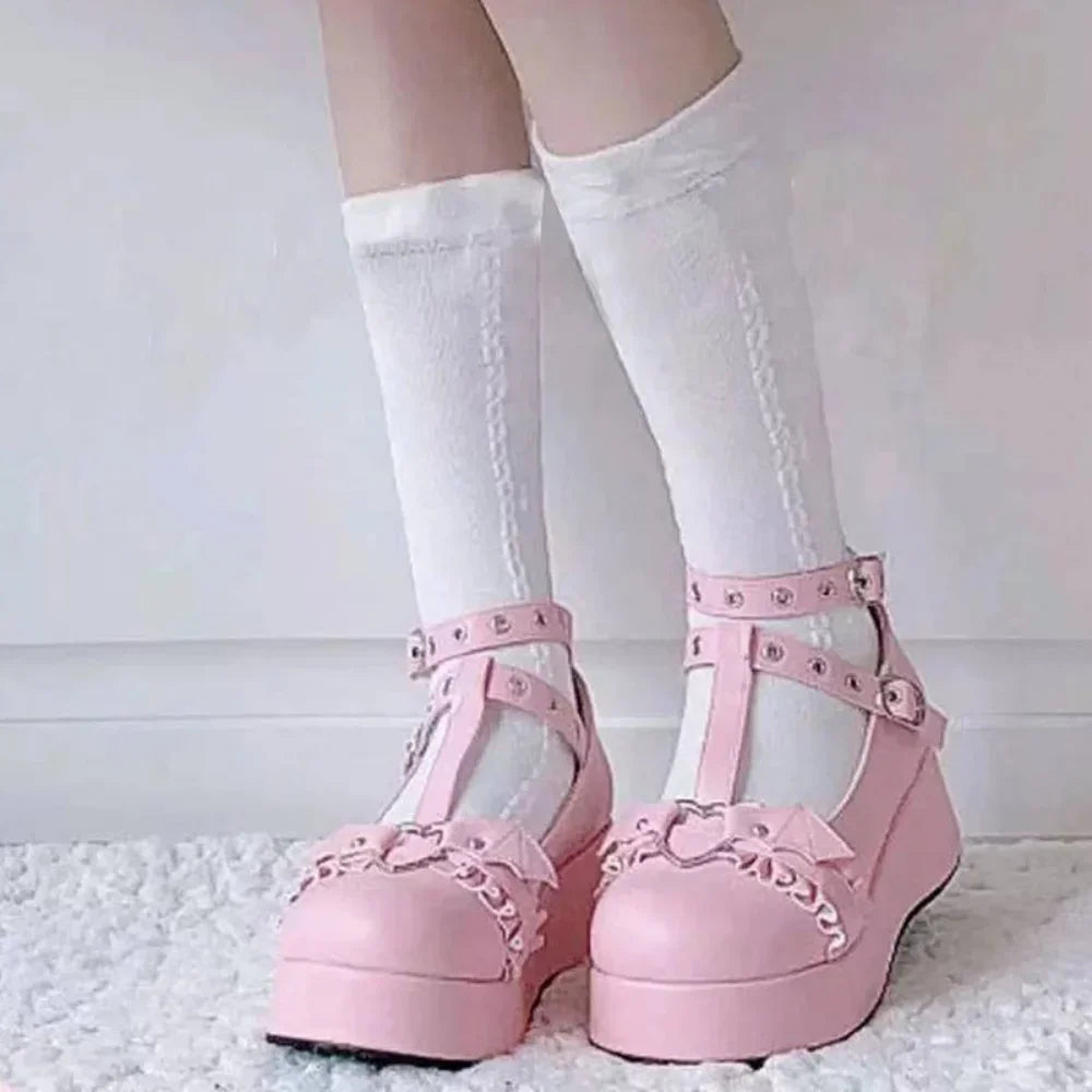 New Sweet Heart Buckle Wedges Mary Janes Women Pink T-Strap Chunky Platform Lolita Shoes Woman Punk Gothic Cosplay Shoes 43