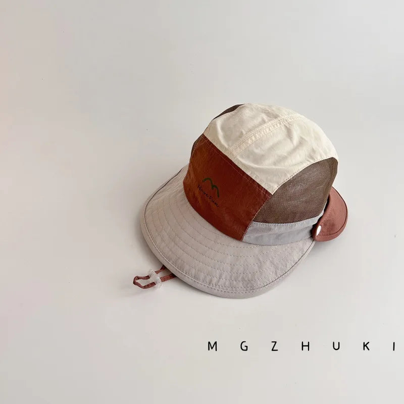 Summer Kids Thin Bucket Hat Quick-Dry UV Protection Sun Hat 1-5Y Boys Girls Cartoon Macaron Color Block Double Brim Outd