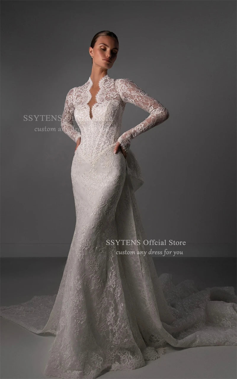 SSYTENS Luxury Lace Wedding Dresses Long Sleeves V Neck Bride Dress Detachable Bow Train Sheath Mermaid Bridal Gowns Customised