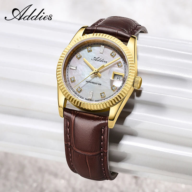 Addies 585 Quartz Woman's Watch 28mm High Quality Sapphire Glass 50m Waterproof Dive Stainless Steel Business Ladies Watches