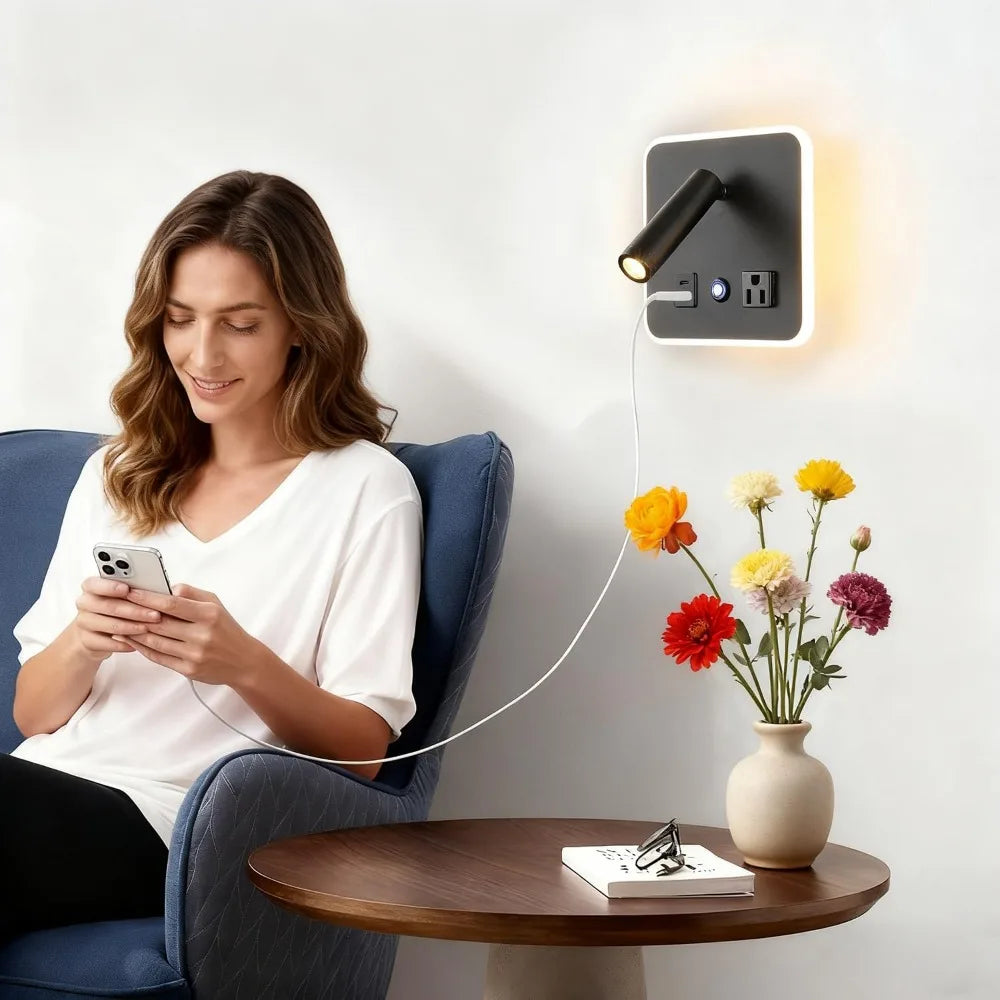 Adjustable Dimmable LED Wall Reading Lamp with Dual USB Ports, 3000K, Black - Ideal for Bedroom and Hotel Use