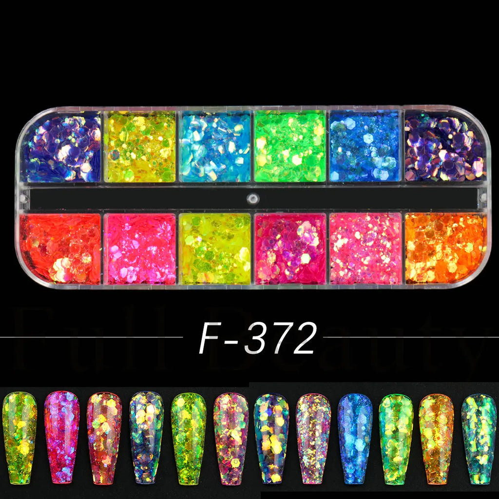 12 Grids Fluorescent Glitter Nail Art Sequins Sparkly Irregular Nail Flakes Powder Nail Art Mermaid Makeup Manicure Decorations