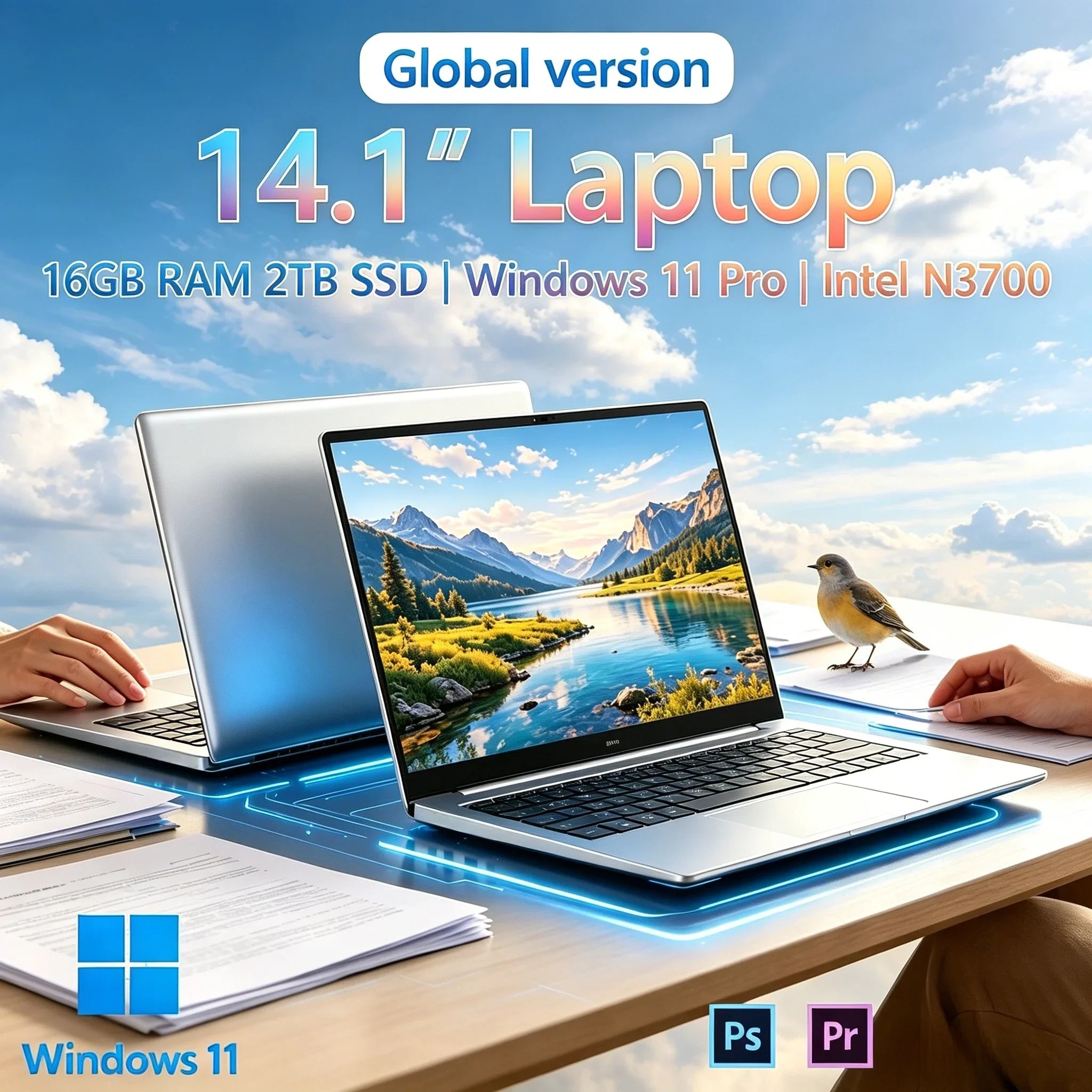 Ultra Thin Full HD Laptop Intel N3700 Processor 16GB Large RAM 2TB Big SSD Home Daily Leisure Study Computer