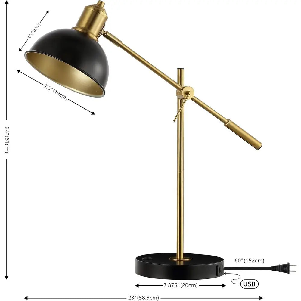 24-inch Adjustable Table Lamp with USB Port, Black/Brass Finish, Perfect for Living Spaces and Offices (LED Bulb Included)