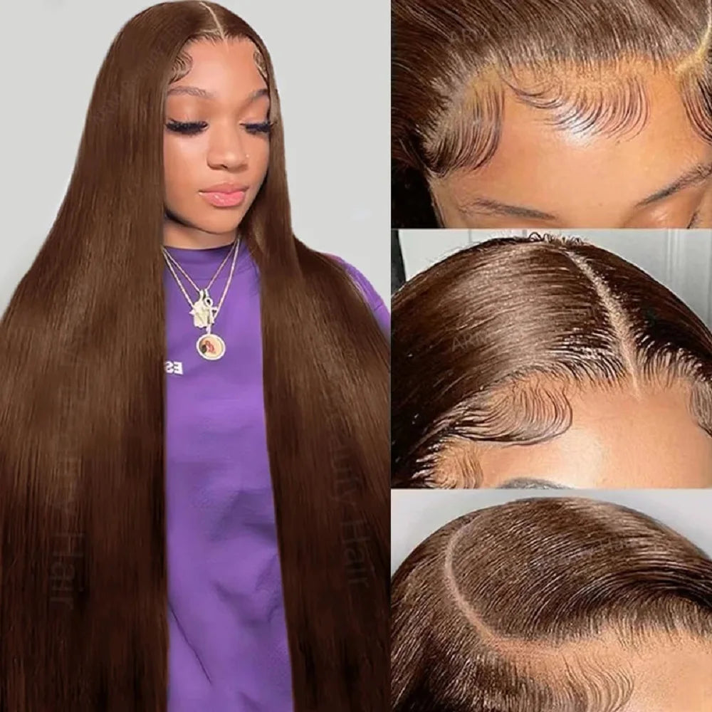 Chocolate 13x4 HD Lace Front Wigs 200 Density #4 Brown Colored Straight Human Hair 46 Inch 13x6 Transparent Lace Frontal Wigs