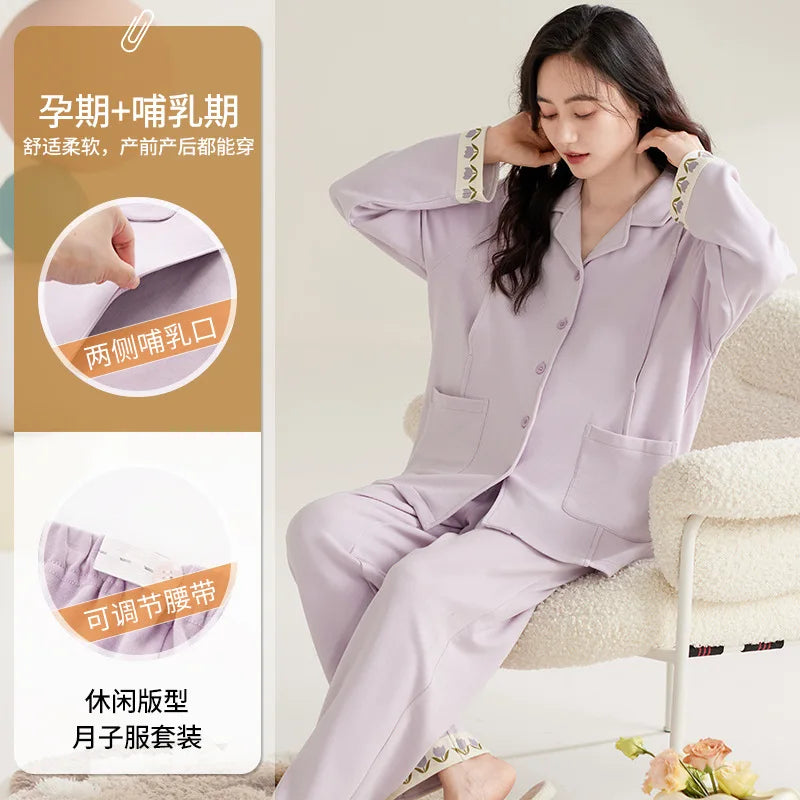 Maternity Women Pajamas Set Pregnant Pure Cotton Breastfeeding Loungewear Sweet Long Sleeve Trousers Cardigan 2 Piece Set Pjs