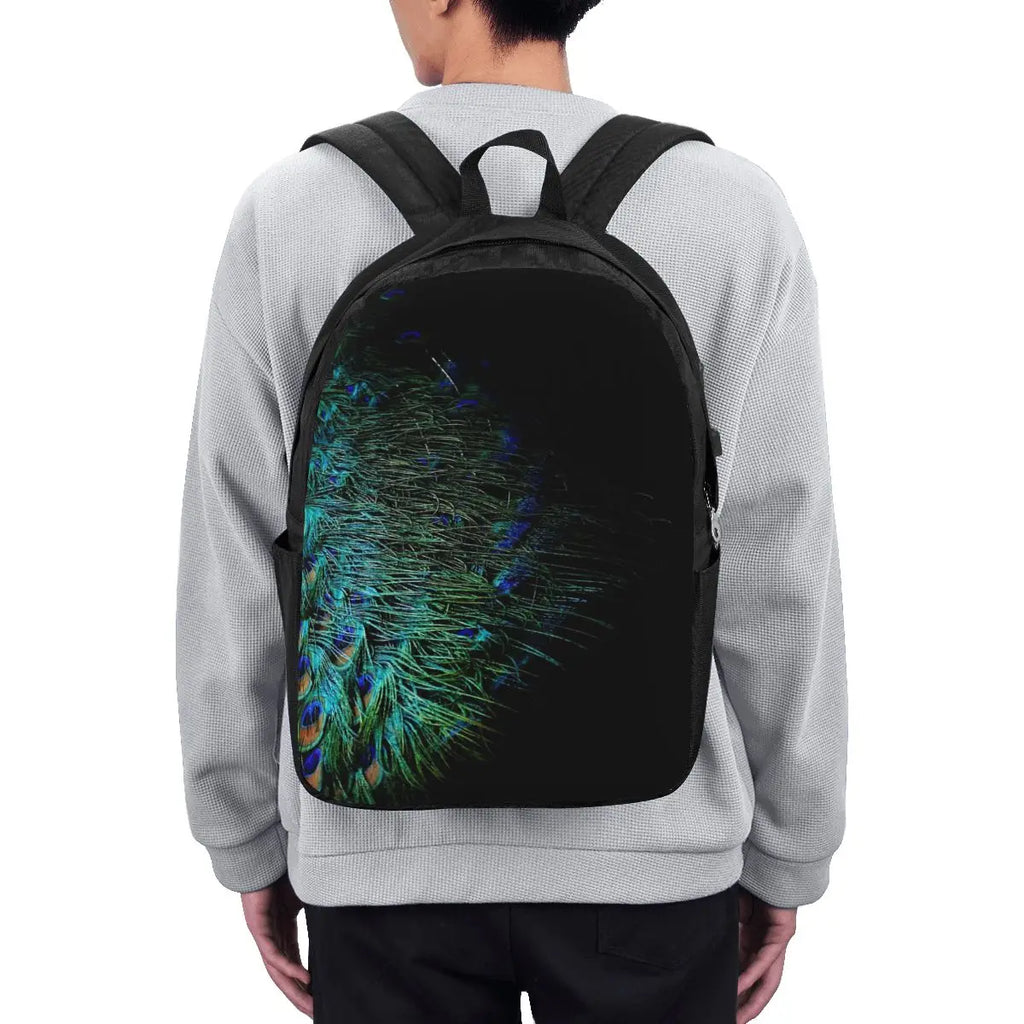 Peacock Feathers On A Black Background Backpack Travel Notebook Bag Computer College Student School Bag Laptop Shoulder Bags