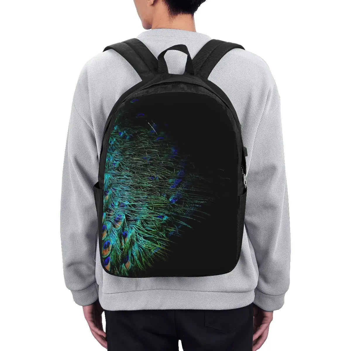 Peacock Feathers On A Black Background Backpack Travel Notebook Bag Computer College Student School Bag Laptop Shoulder Bags