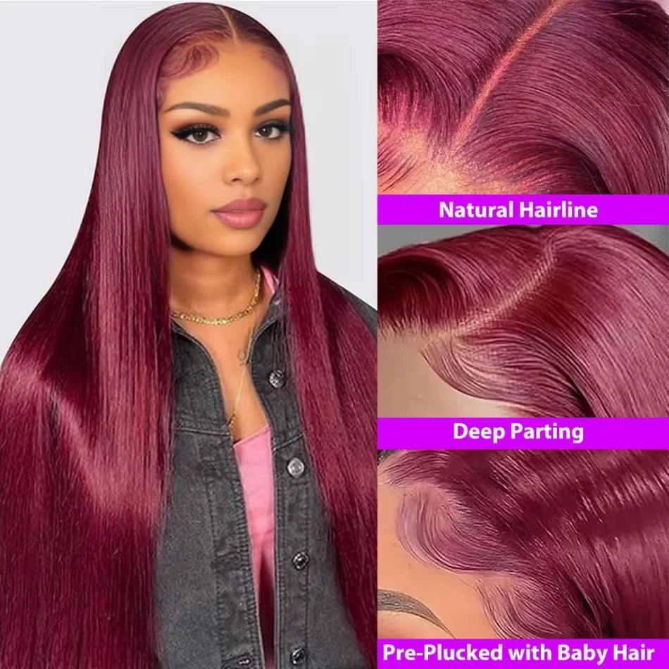 99J Burgundy Colored Human Hair 13x6 Transparent HD Lace Front Wig 40 42 Inches Brazilian Remy Hair Pre Plucked 13x4 Lace Frontal Wig For Women