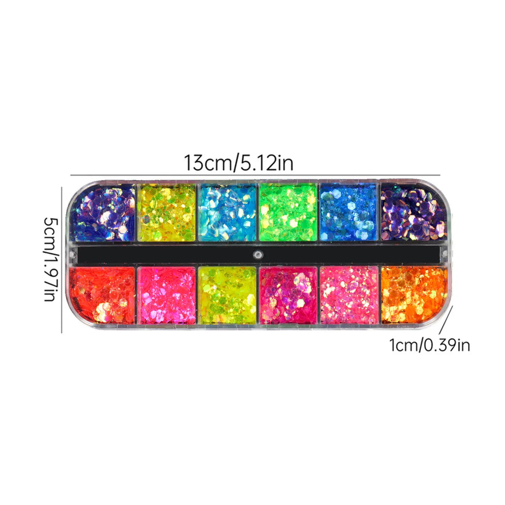 12 Grids Fluorescent Glitter Nail Art Sequins Sparkly Irregular Nail Flakes Powder Nail Art Mermaid Makeup Manicure Decorations