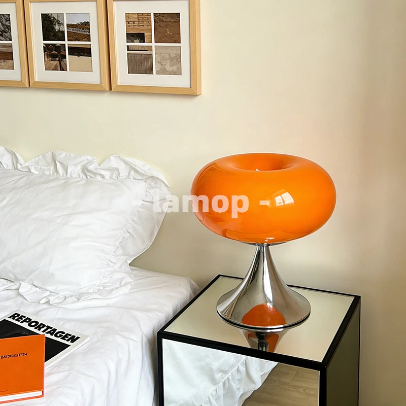 Murano Glass Gloss Orange Donut Ring Flared Base Table Lamp Cream Korean 3 Tone Soft Light Mirror Nightstand Bedroom Decor Lamp