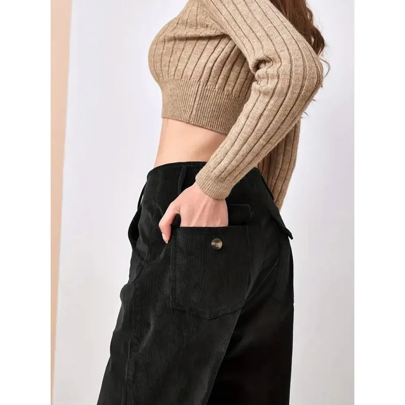 1pcs Womens High Waist Corduroy Wide Leg Pants Casual Straight Leg Trousers with Drape Effect