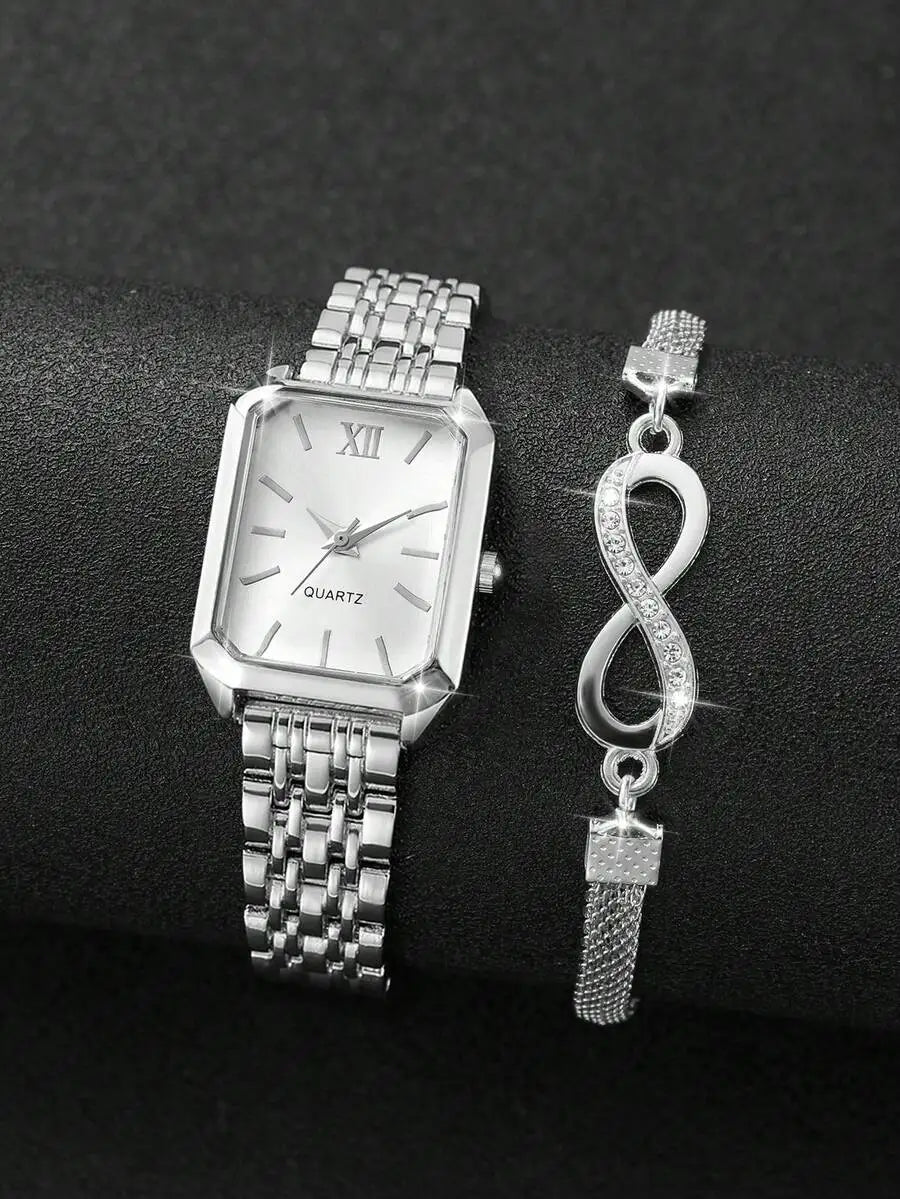 2pcs/Set Women's Fashion Casual Square Minimalist Dial Elegant Quartz Watch + Bracelet, Gift (Watch Box Not Included)